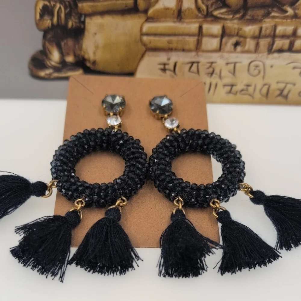 J. Crew Dark Navy Blue Almost Black Beaded Circle Tassel Earrings